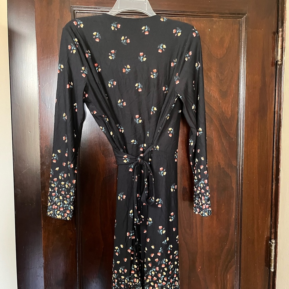 Loft Ann Taylor Black Floral Wrap Dress Long Sleeve Tie Waist Stretch - Picture 4 of 9